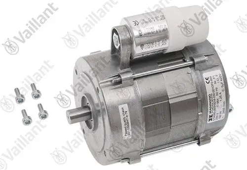 Vaillant Motor mit metallischem Gehäuse, an einem Ende eine Welle. Dazu vier Schrauben in der Nähe.